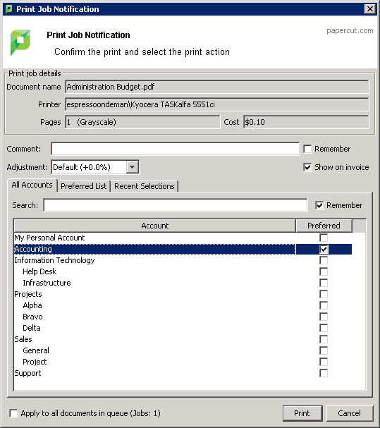 The user client displaying the "Advanced Account Selection Popup"